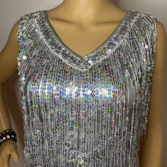 Vintage gatsby silver iridescent sequin fringe mini dress with sequin v neck! - Picture 3 of 15